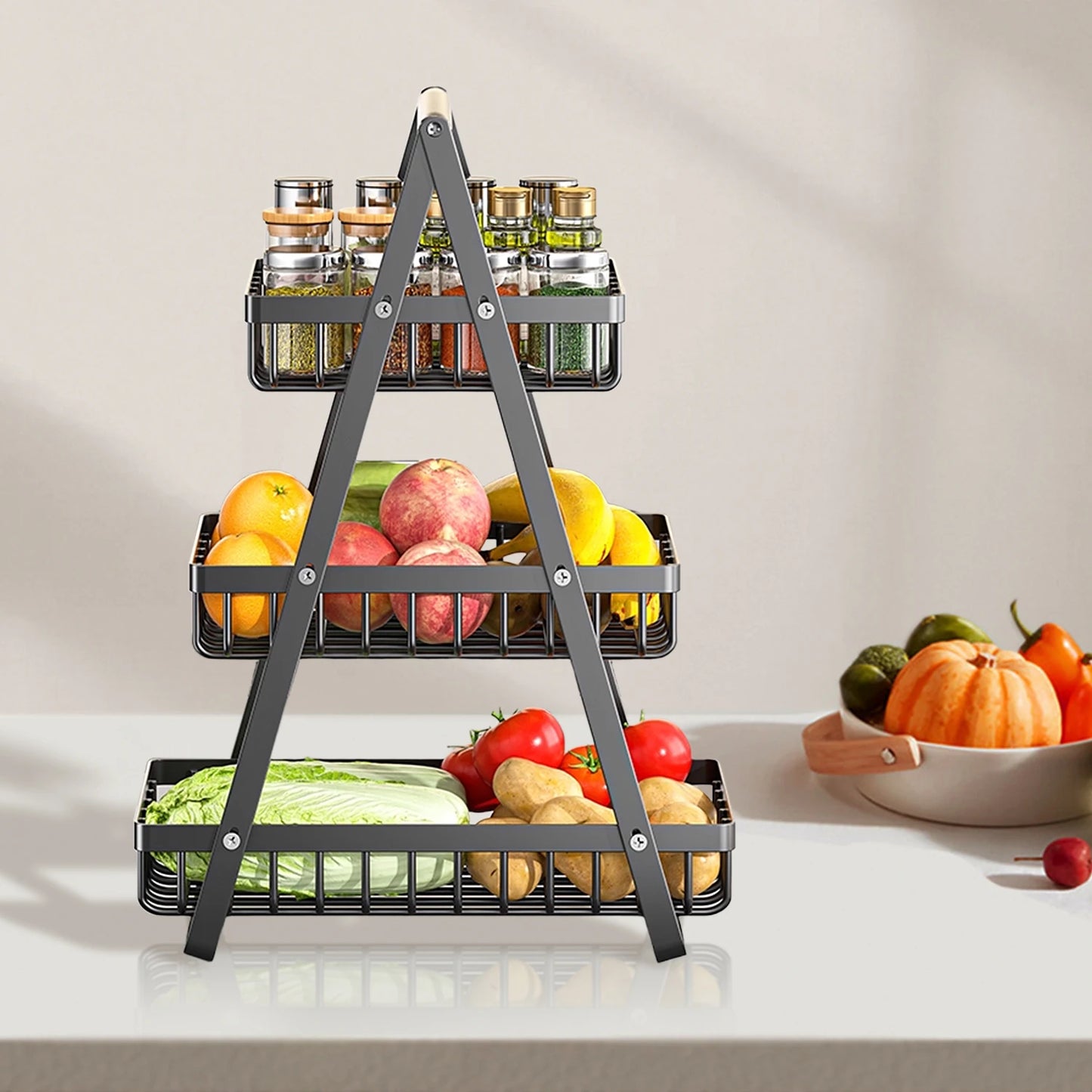Three-Tier Fruit Basket with Removable Wooden Handle | Cozy Complete Homes