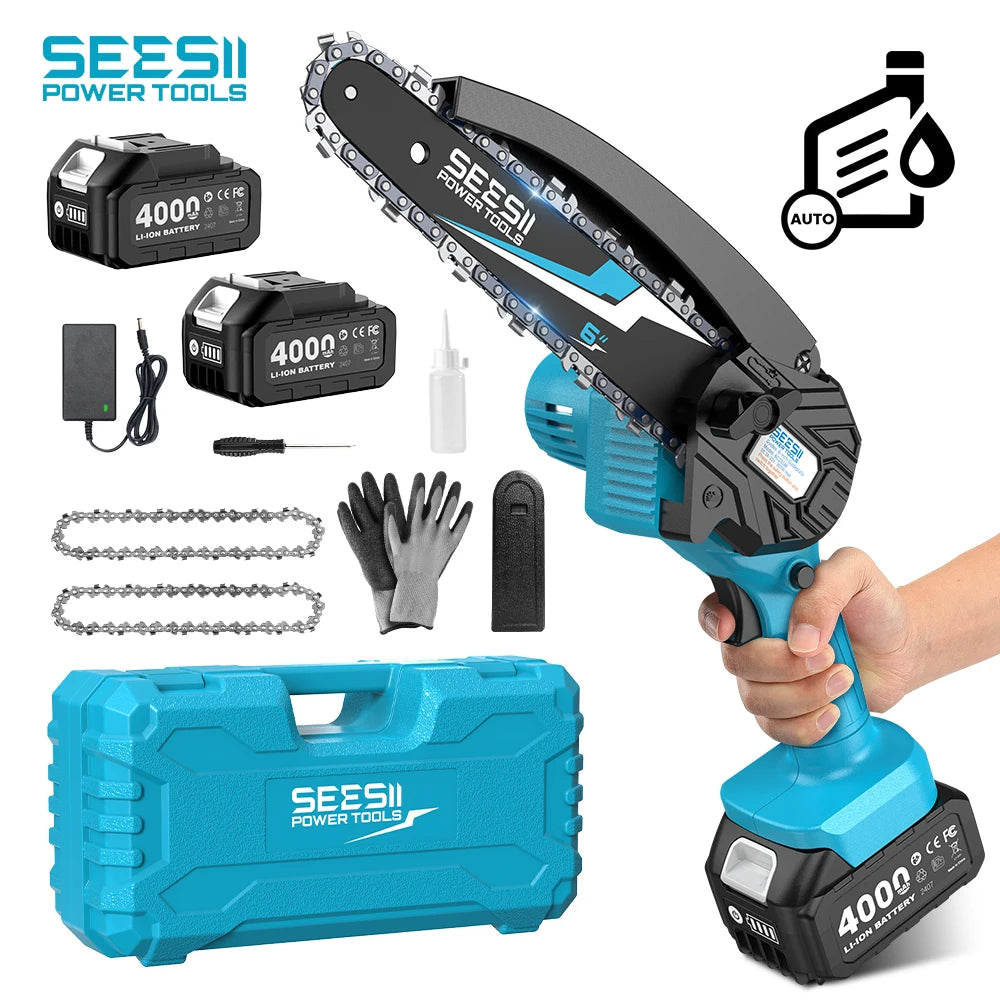 SEESII 6''Cordless Mini Chainsaw 15.2cm Electric Saw Rechargeable Woodworking Garden Pruning Saw for Makita 18V Battery pin