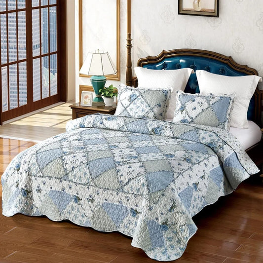 King Size Blue Floral Plaid Patchwork Quilt Set | Cozy Complete Homes