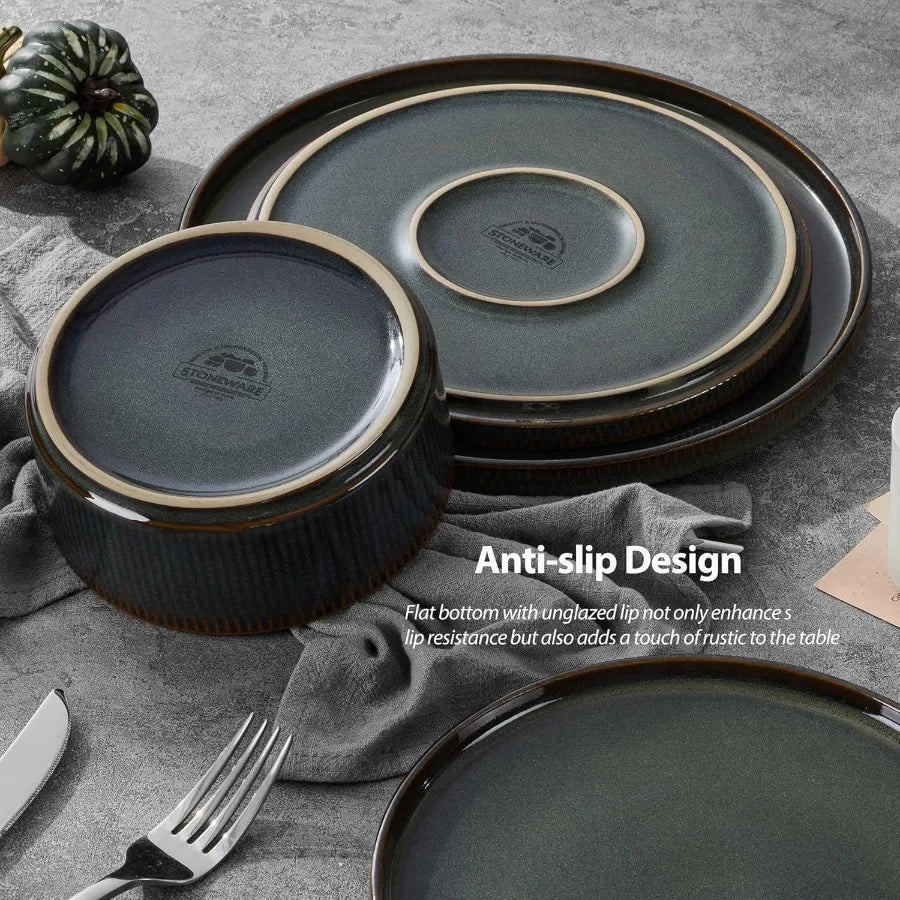 16 Piece Plates and Bowls Set for 4 Ribbed Stoneware Dishes | Cozy Complete Homes