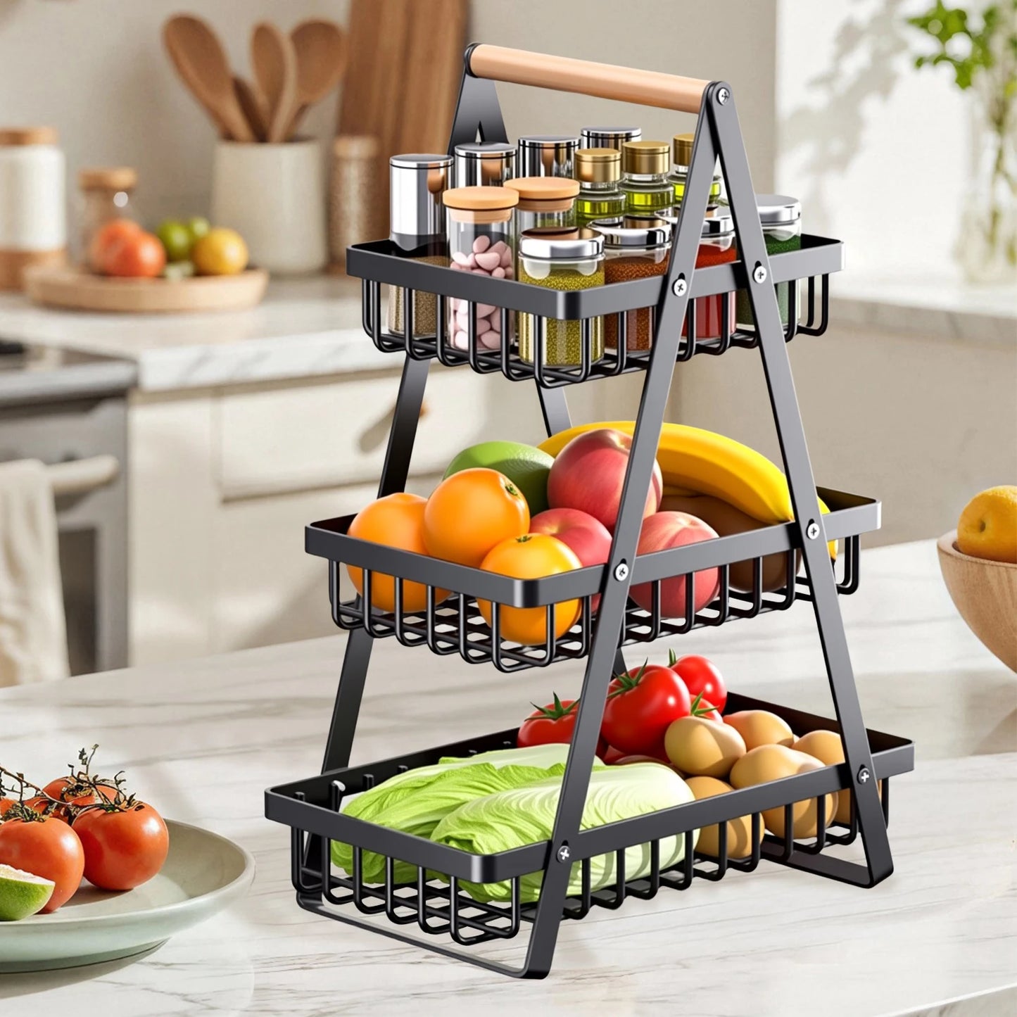 Three-Tier Fruit Basket with Removable Wooden Handle | Cozy Complete Homes