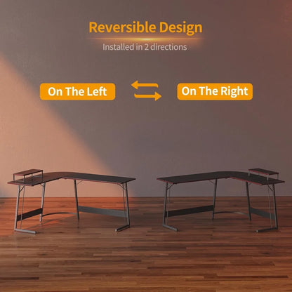 Large L-Shaped Gaming Desk with Monitor Stand & Carbon Fiber Surface