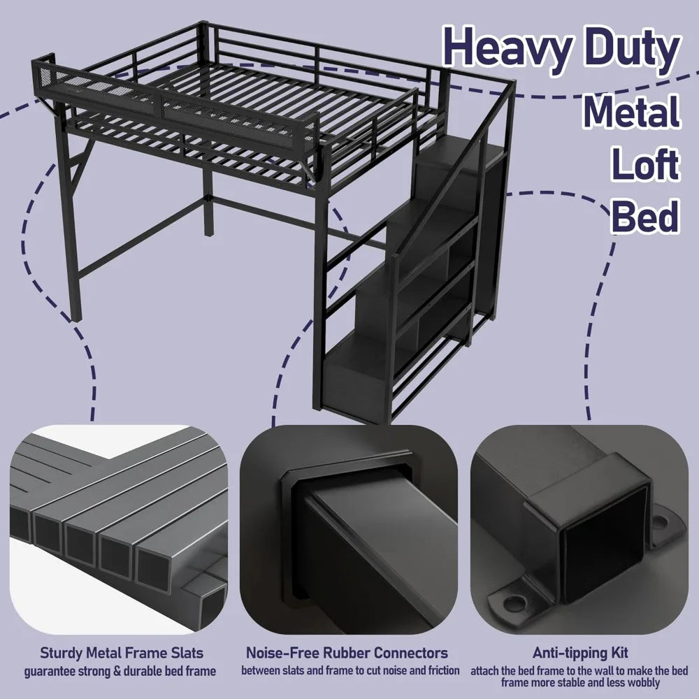Metal Queen Size Loft Bed Frame with Storage Stairs | Cozy Complete Homes