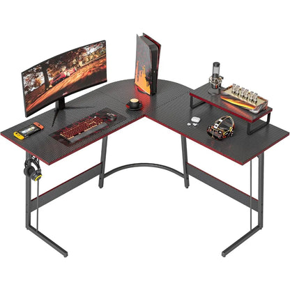 Large L-Shaped Gaming Desk with Monitor Stand & Carbon Fiber Surface
