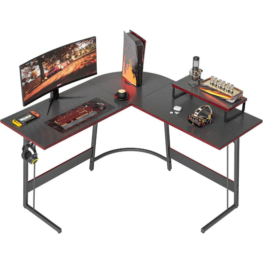 Large L-Shaped Gaming Desk with Monitor Stand & Carbon Fiber Surface