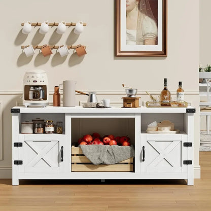 65 Inch Fireplace TV Stand with Barn Doors and Open Display Shelf | Cozy Complete Homes