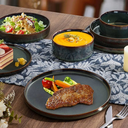16 Piece Plates and Bowls Set for 4 Ribbed Stoneware Dishes | Cozy Complete Homes