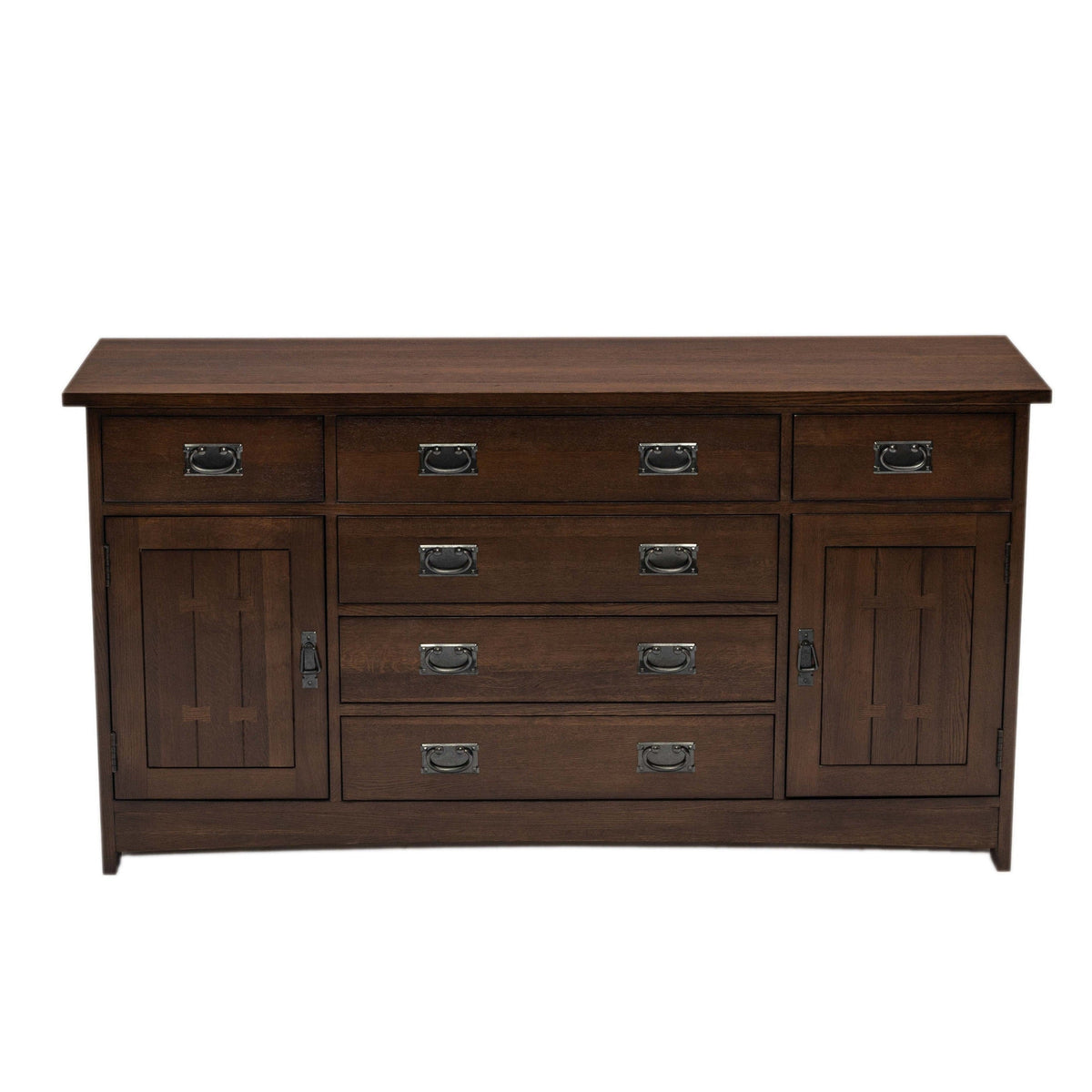 A dark brown wooden sideboard or dresser with five drawers in the center and two cabinet doors on the sides, featuring antique-style metal drawer pulls.