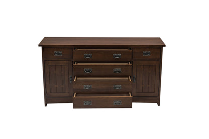 A dark brown wooden sideboard or buffet table with three drawers in the center and two cabinet doors on the sides, shown on a plain white background.