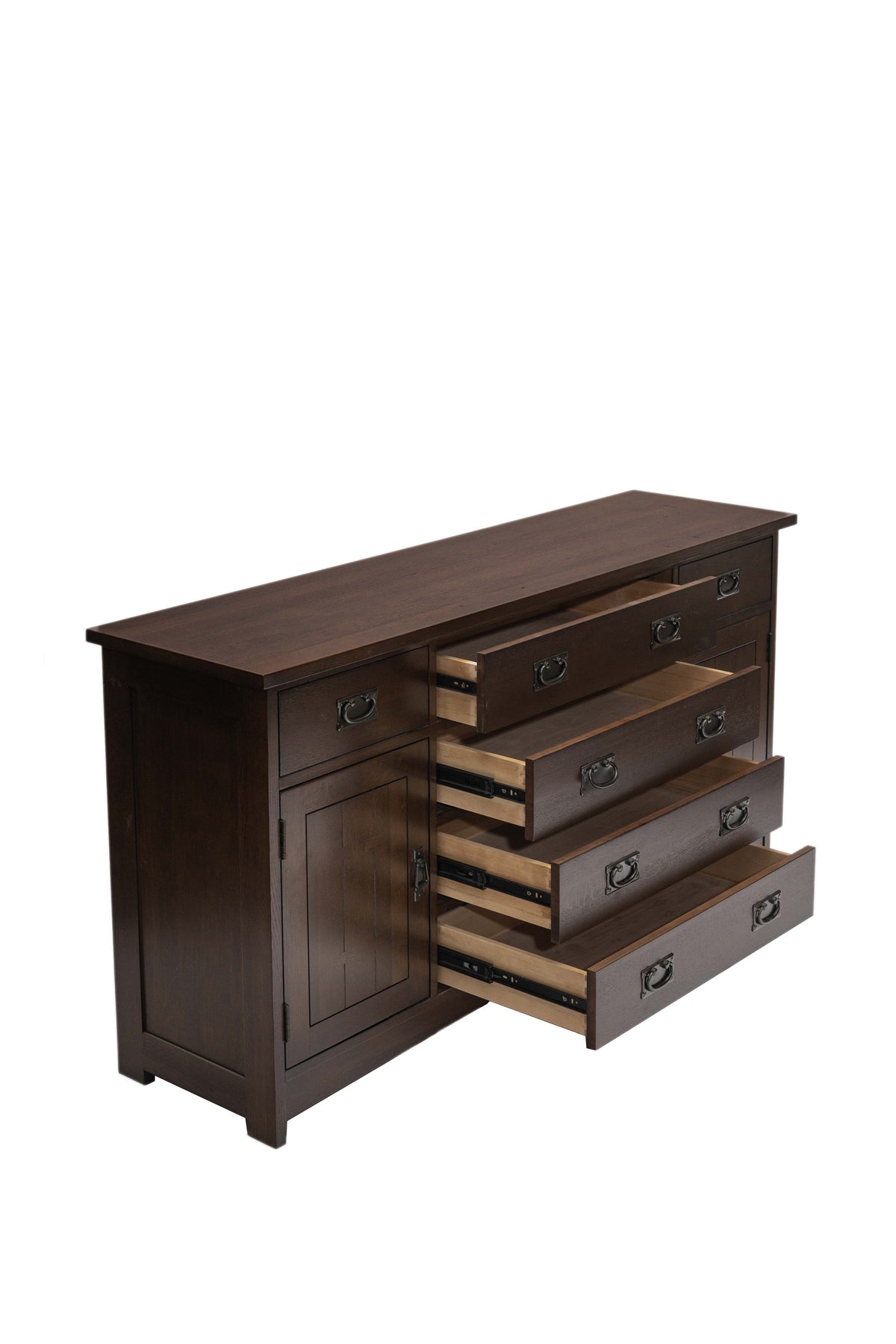 A dark brown wooden dresser with five drawers, three of which are open to show the interior wood compartments, set against a plain white background.