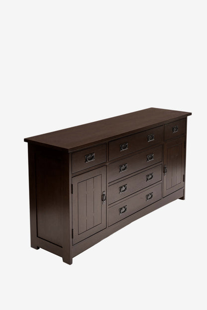 A dark brown wooden sideboard or buffet cabinet with multiple drawers and cabinet doors, shown on a plain light gray background.