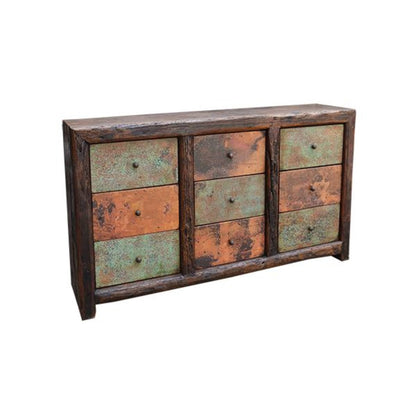 Wooden dresser with multicolored drawers on a white background