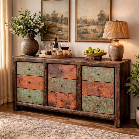 Wooden dresser with multicolored drawers in a room with decorative items.