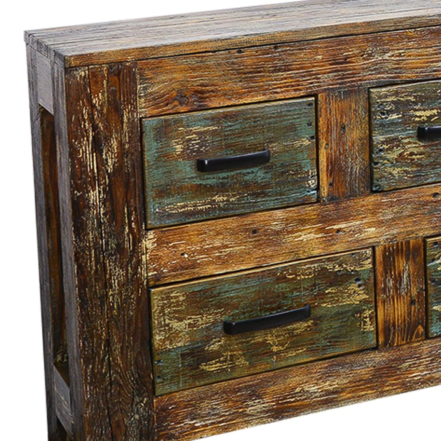 Wooden dresser with multiple drawers on a white background