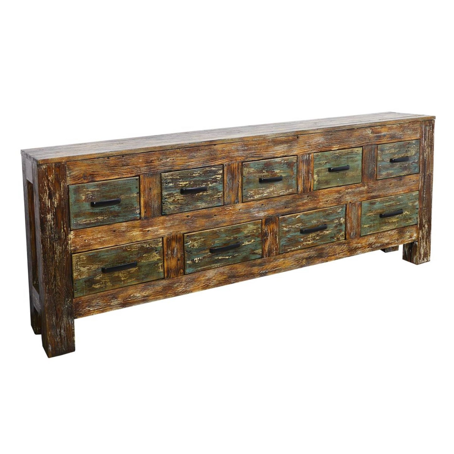 Wooden dresser with multiple drawers on a white background