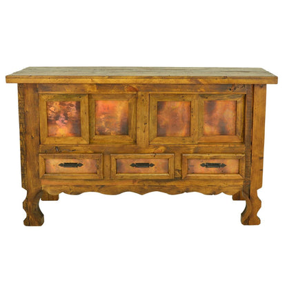 Wooden sideboard with a rustic design on a white background