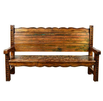 Old Door Bench with Hand Carving, a stunning wooden bench featuring intricate carvings and a rustic design.