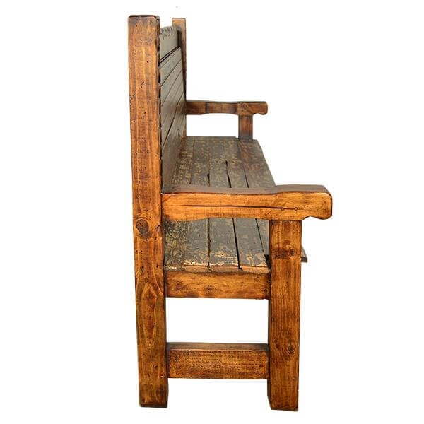 Old Door Bench with Hand Carving showcasing rustic wood craftsmanship and sturdy design from the side view.