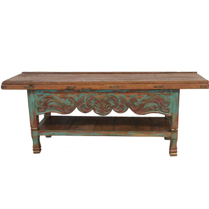 Distressed turquoise carved wood console