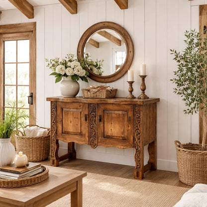 Carved rustic wood console in a cozy cabin entryway with stained-glass windows, cross-stitch wall art, colorful rug, and a Merle Australian Shepherd.