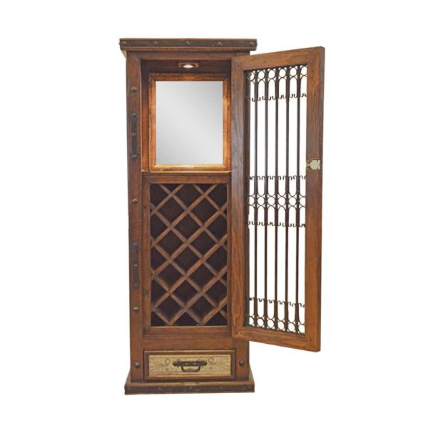 Wooden wine cabinet with glass door on a white background