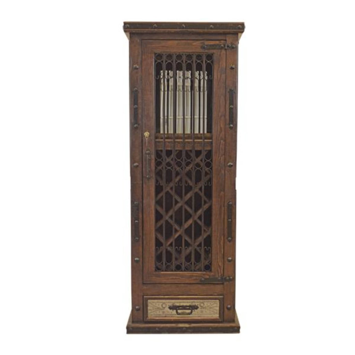 Wooden cabinet with glass door and decorative design on a white background