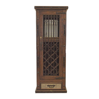 Wooden cabinet with glass door and decorative design on a white background