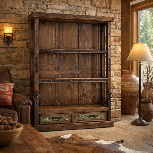 Luna Display Bookcase in Blacksmith Finish showcasing rustic design with shelves and drawers in a cozy living room.