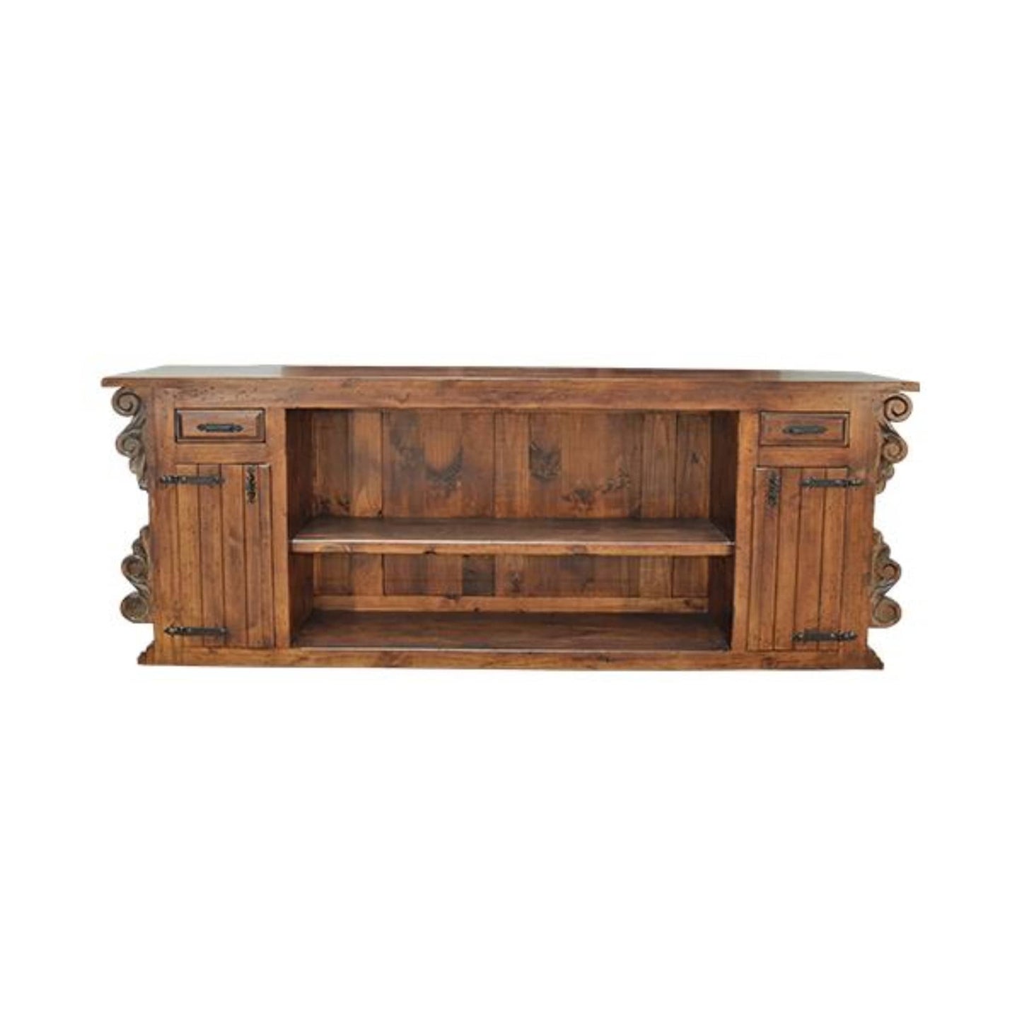 Wooden desk with intricate carvings on a white background