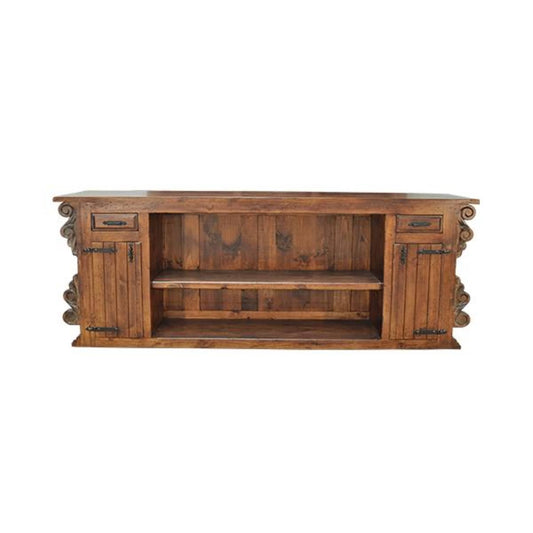 Wooden desk with intricate carvings on a white background