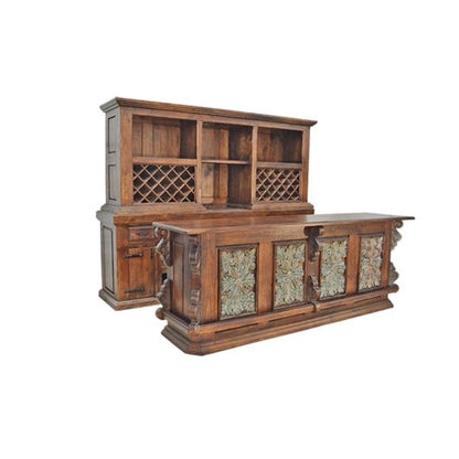 Wooden bar cabinet with wine rack on a white background