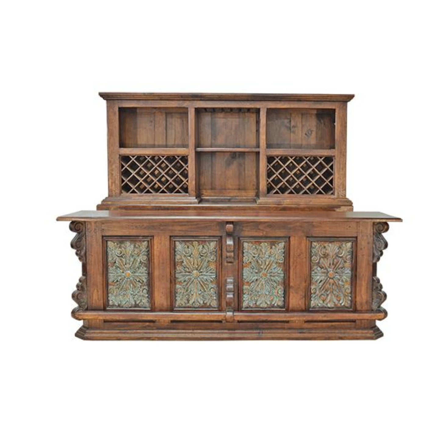 Wooden cabinet with decorative panels and lattice design on a white background