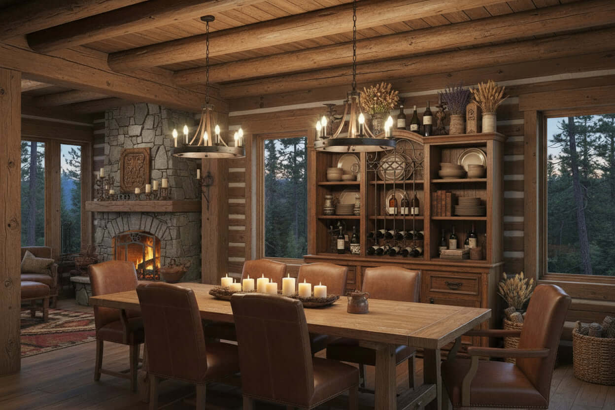 Luna Grid Door Copper Hutch with Wine Rack displayed in a cozy rustic dining room with wooden beams and a fireplace.