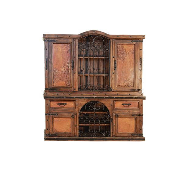Luna Grid Door Copper Hutch with Wine Rack featuring a rustic design and metal accents.