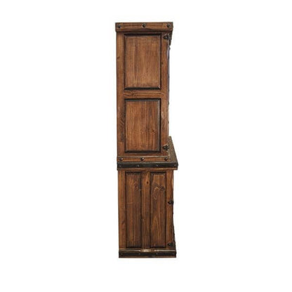 Luna Grid Door Copper Hutch with Wine Rack side view showcasing its rustic design and multiple doors.