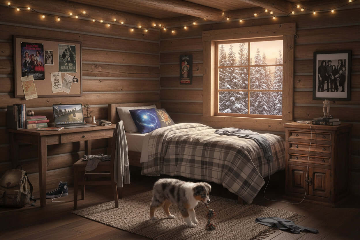 Cozy cabin bedroom with a bed, rustic decorations, and a dog playing with a toy near an Elite Rustic nightstand.