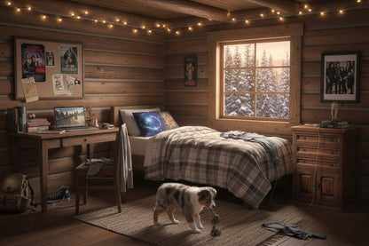 Cozy cabin bedroom with a bed, rustic decorations, and a dog playing with a toy near an Elite Rustic nightstand.