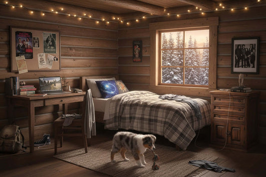 Cozy cabin bedroom with a bed, rustic decorations, and a dog playing with a toy near an Elite Rustic nightstand.