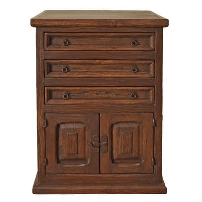 Elite Rustic Three Drawer Two Door Nightstand in dark wood finish with three drawers and two cabinet doors.