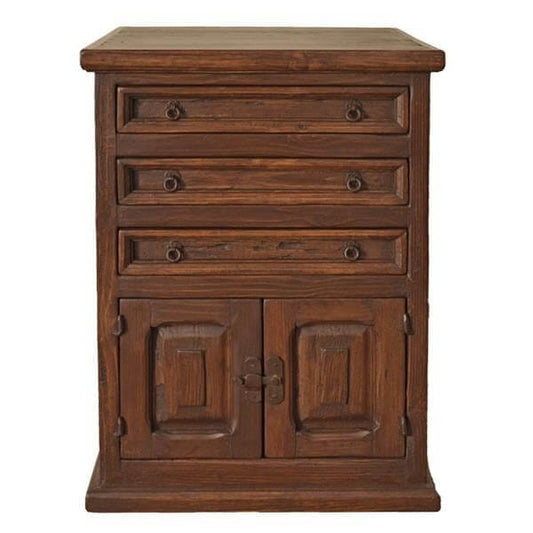 Elite Rustic Three Drawer Two Door Nightstand in dark wood finish with three drawers and two cabinet doors.