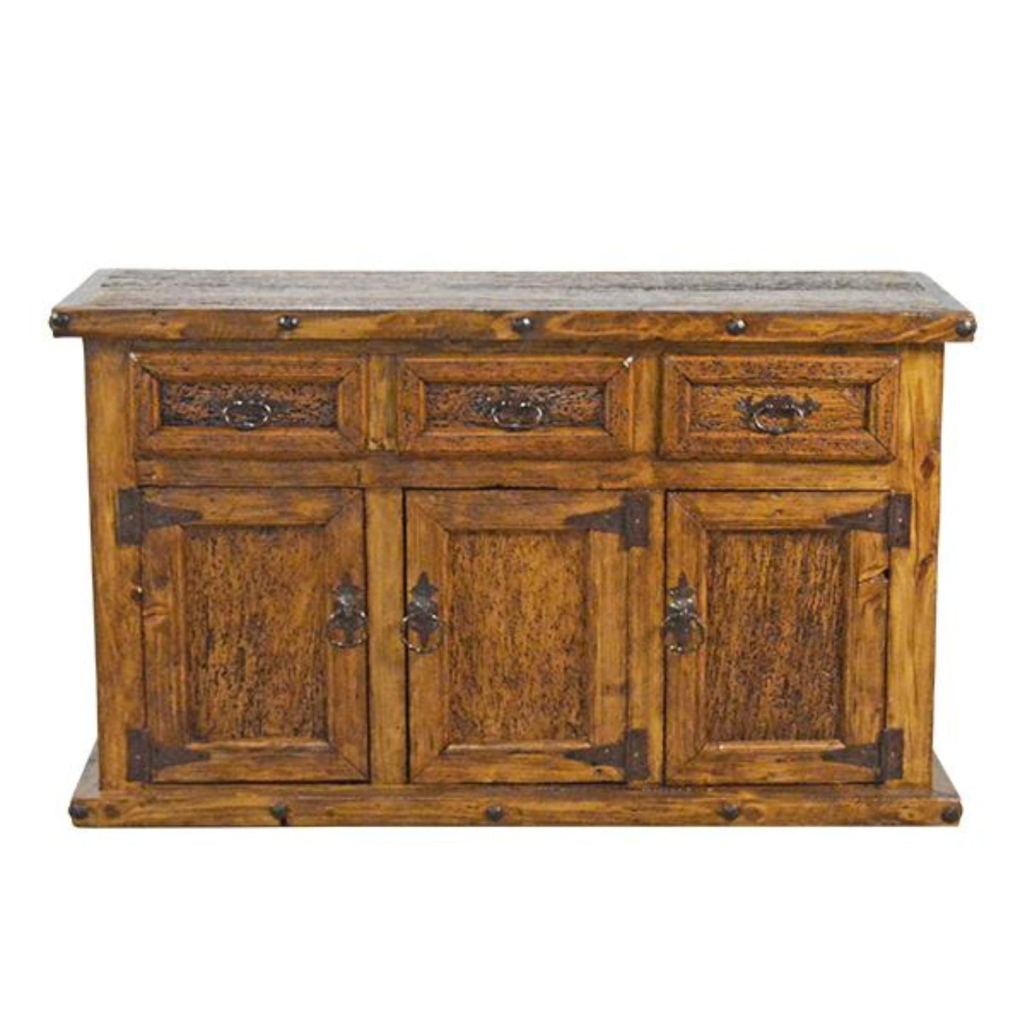 Wooden sideboard with four doors and two drawers on a white background
