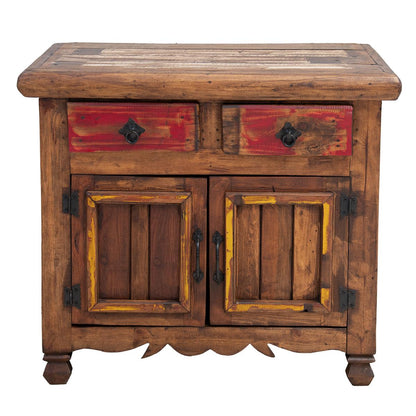 Distressed rustic wood cabinet .