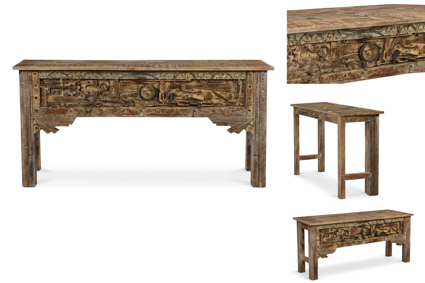 Set of wooden tables with intricate carvings on a white background