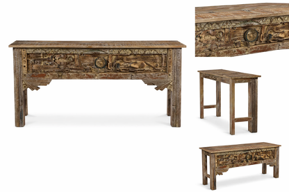 Set of wooden tables with intricate carvings on a white background