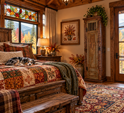Tall rustic old-door armoire in a cozy cabin bedroom with a fall-colored quilt, sleeping Australian Shepherd, autumn cross-stitch art, stained-glass window, colorful rug, and forest views.
