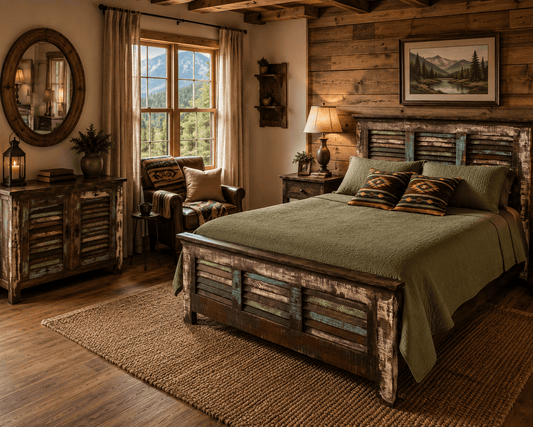 A rustic mountain-style bedroom featuring a bed with a distressed wood frame, olive green bedding, and matching pillows, set in a cabin-like room with wood-paneled walls, a window view of mountains, and a matching wood cabinet.