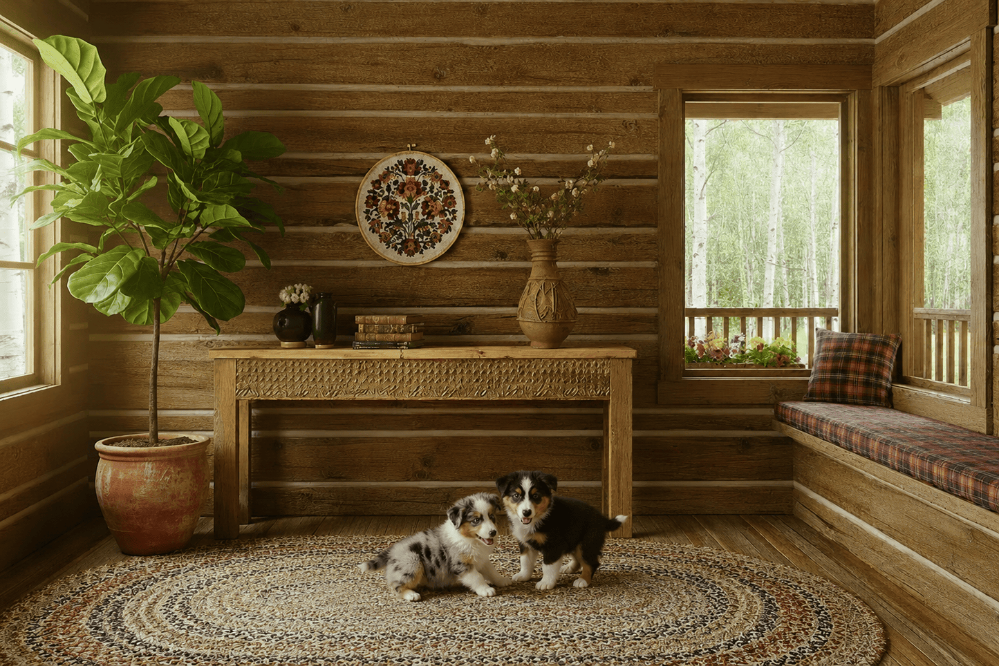 Two dogs sitting on a patterned rug in a cozy room with wooden walls and large windows.