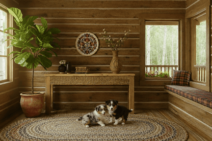 Two dogs sitting on a patterned rug in a cozy room with wooden walls and large windows.