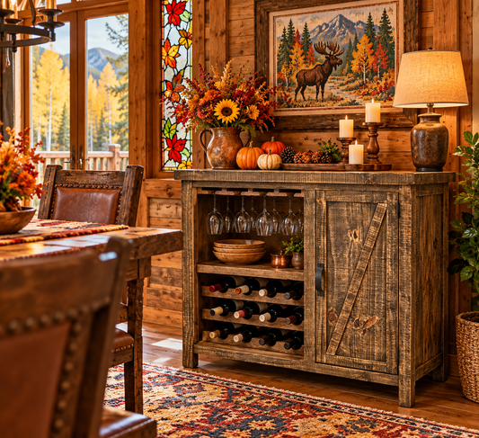 Rustic solid wood wine cabinet with barnwood finish, wine bottle storage, hanging glass racks, and cabinet door in a cozy cabin dining room featuring fall decorations, stained-glass windows, moose cross-stitch artwork, and a colorful rug.