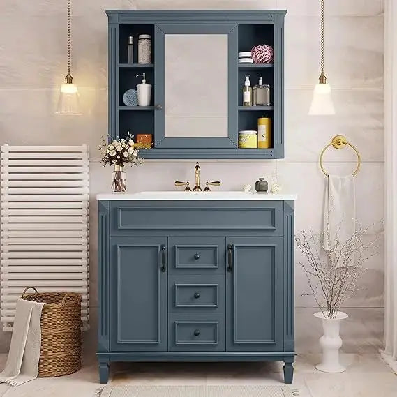 36" Modern Blue Bathroom Vanity with Sink & Mirror Cabinet Set CozyCompleteHome.com